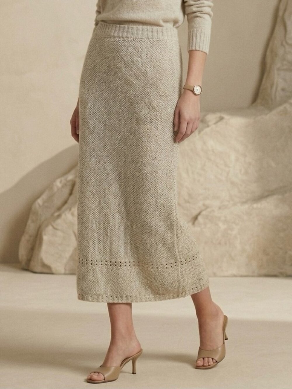 Vintage Carraig Donn Knit Midi Skirt Size Small Tan Beige Made in Ireland